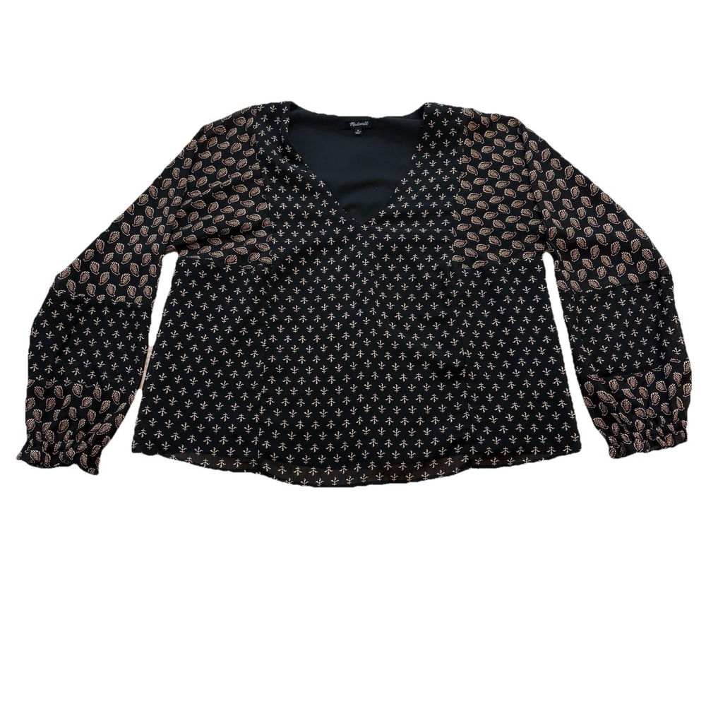 Madewell Sheer Sleeve Blouse Top Womens Medium Black Paisley Boho Chiffon V-Neck